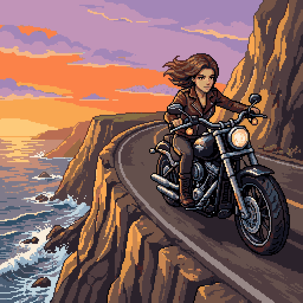 Using REFERENCE_1 as the character base and REFERENCE_0 as the scene/mood reference, regenerate the same woman in pixel art as an action shot riding a motorcycle along a narrow cliffside...