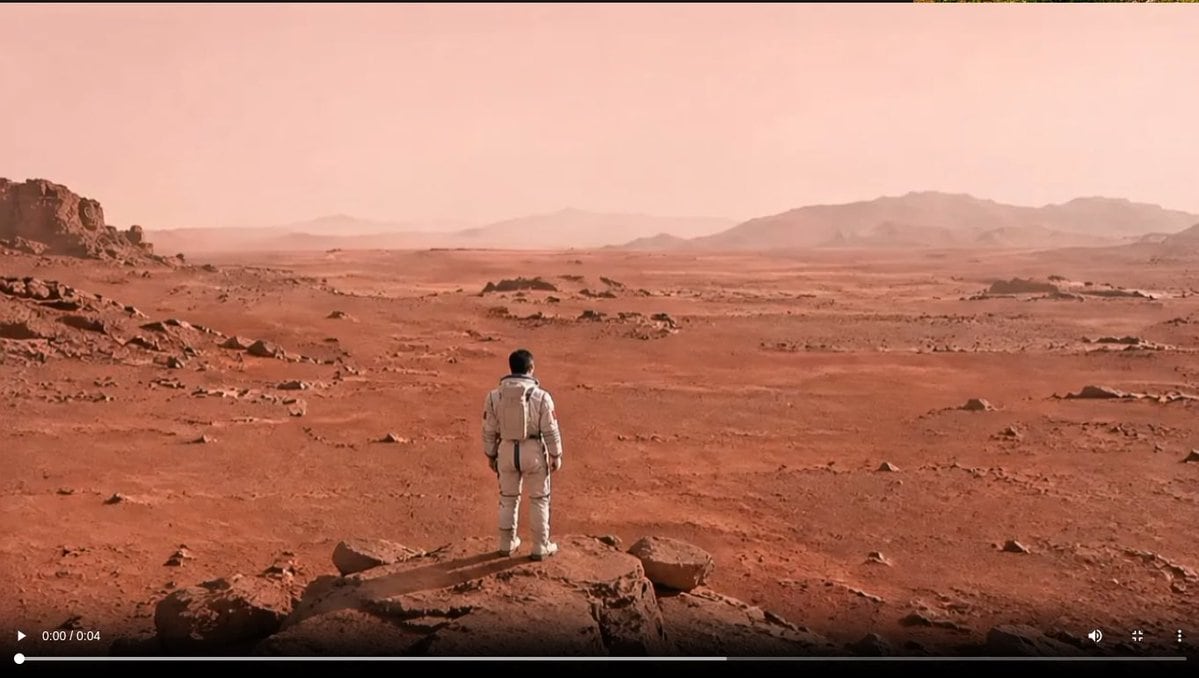 This prompt generates a cinematic photorealistic sci-fi landscape of a solitary astronaut overlooking a vast Mars-like desert, ideal for storyboards, film keyframes, and space exploration visuals.