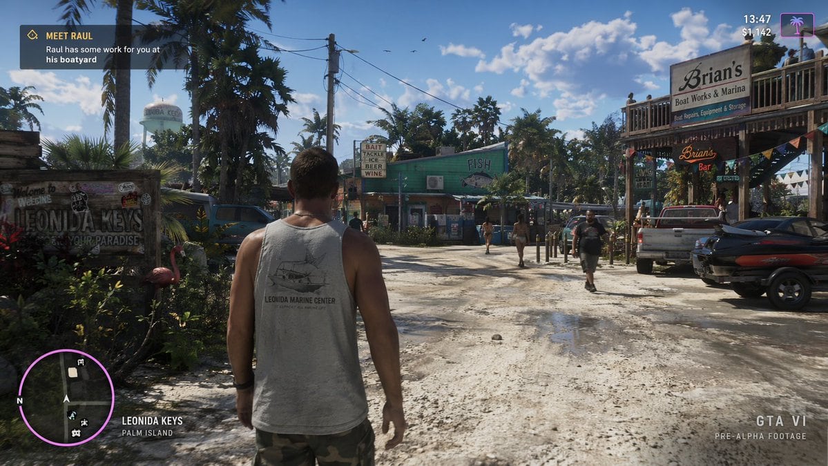 a screenshot from gta 6 with Jason walking in leonida keys