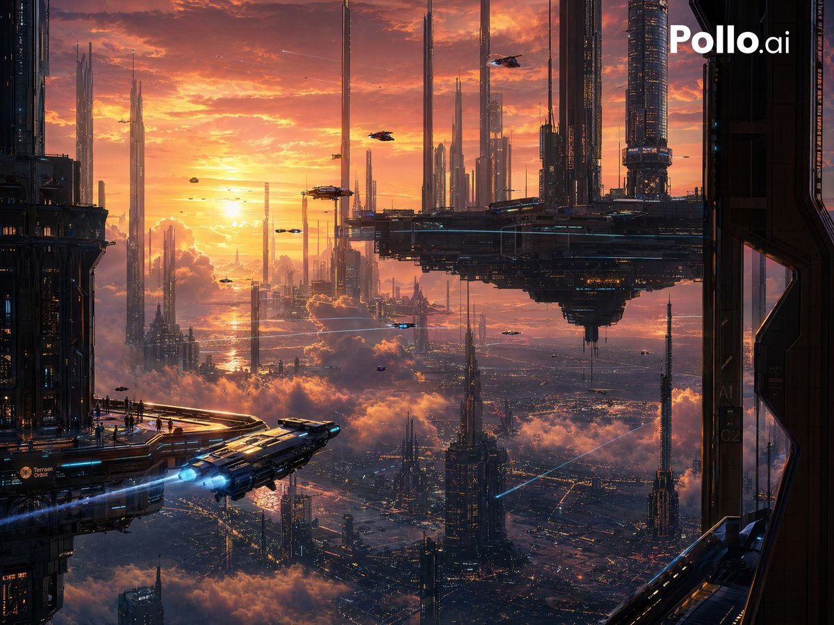 A vast cinematic sci-fi megacity at sunset, viewed from a high observation platform between colossal dark metallic skyscrapers. The sky glows with dramatic orange, gold, and rose clouds,...