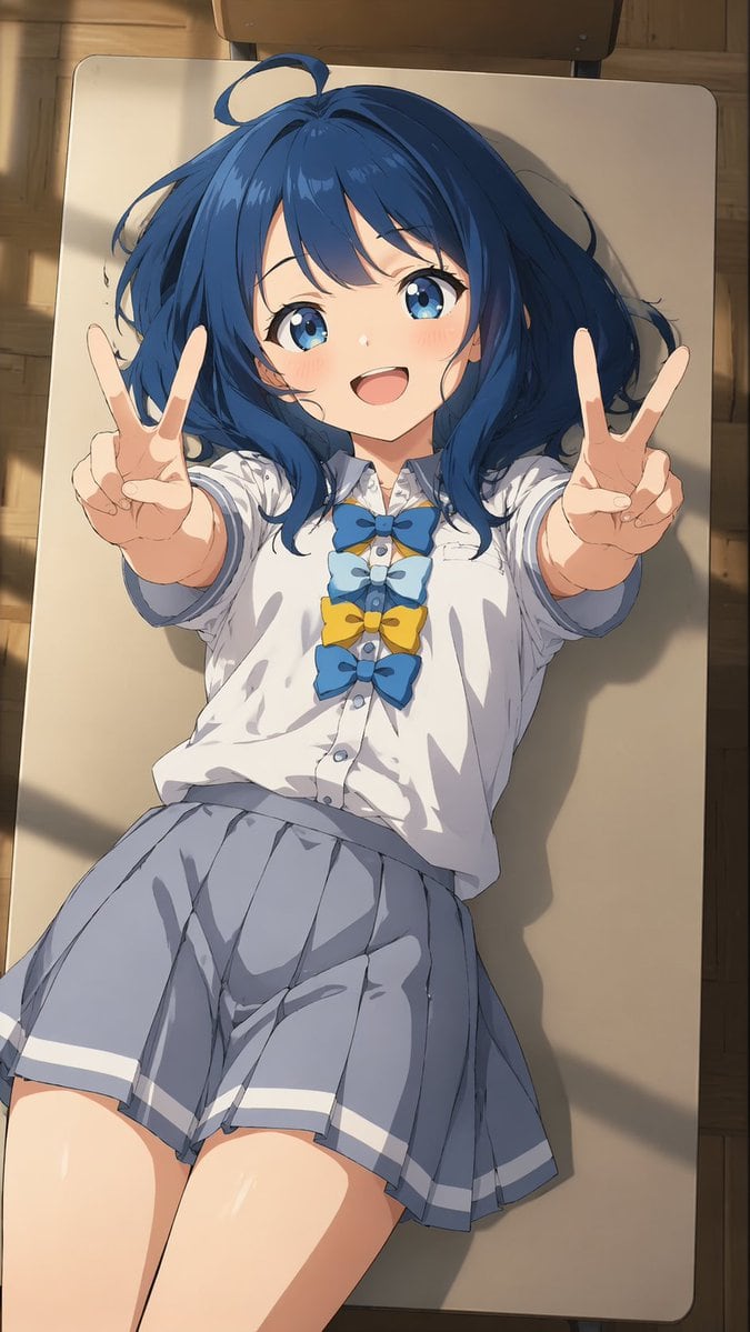 An overhead anime illustration of Anna Yanami lying on her back on a classroom desk. She has messy blue hair with an ahoge, and bright blue eyes. She is smiling happily with a slight blus...