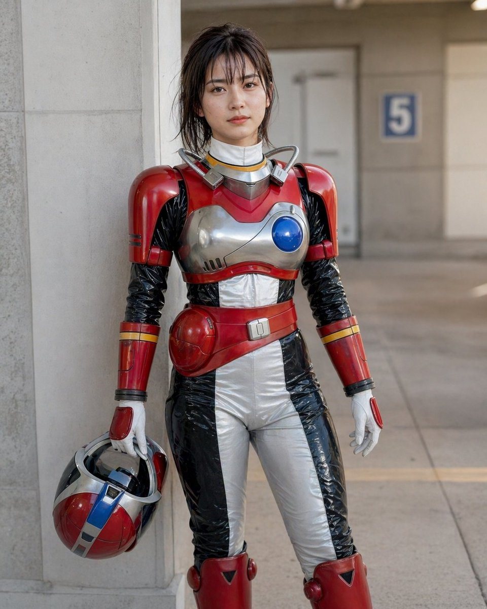 A full-body photorealistic portrait of a female tokusatsu-style space heroine standing in a modern concrete corridor, leaning lightly against a pale gray column. She wears a retro-futuris...