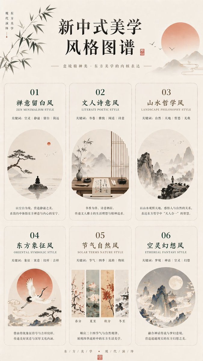 一份精致的编辑类信息图海报，展示了六种独特的新中式美学风格，适用于项目、品牌方向或 Prompt 灵感参考。