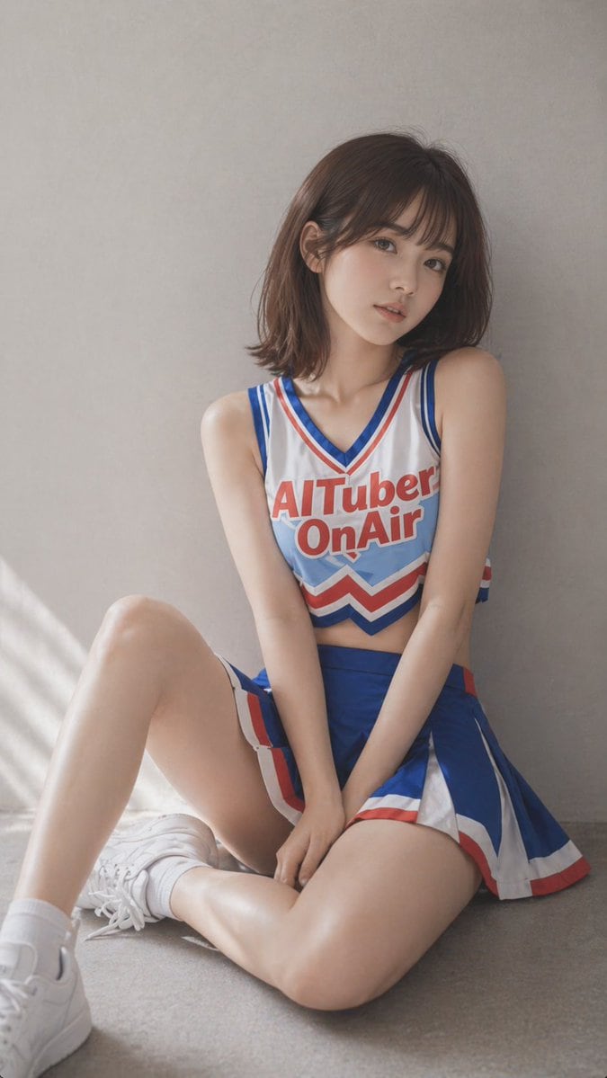 一张身穿蓝红白相间啦啦队服的年轻女性坐在地上的写实垂直肖像，适用于角色灵感时尚肖像或偶像风格宣传图。