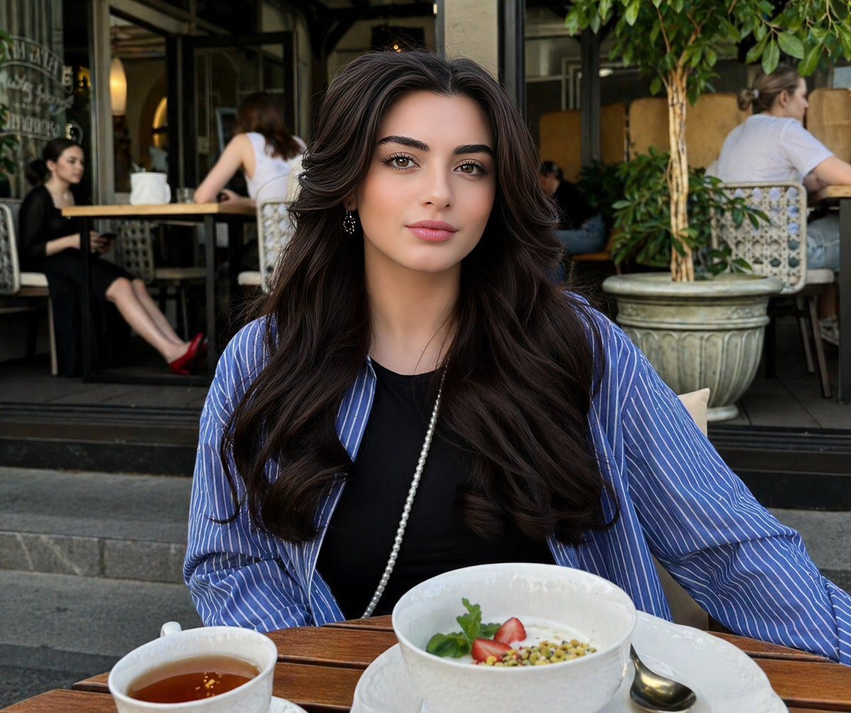 Create a hyper-realistic lifestyle portrait of a young woman sitting at an outdoor café. She has long, voluminous dark brown hair styled in soft waves, glowing skin, and natural elegant m...
