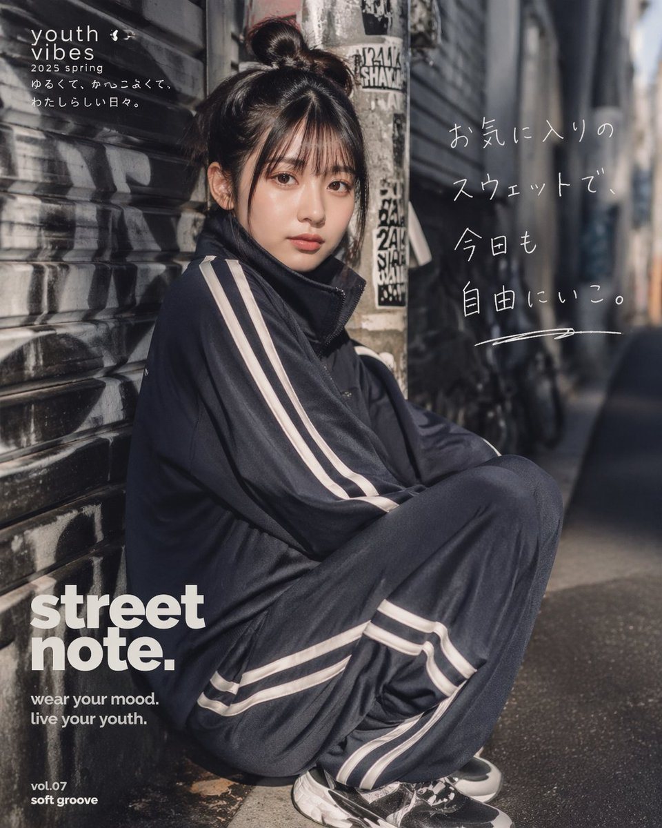 A moody editorial street-fashion poster shot in a narrow urban alley, featuring a young woman in a dark navy oversized tracksuit with white double side stripes, sitting crouched on the si...