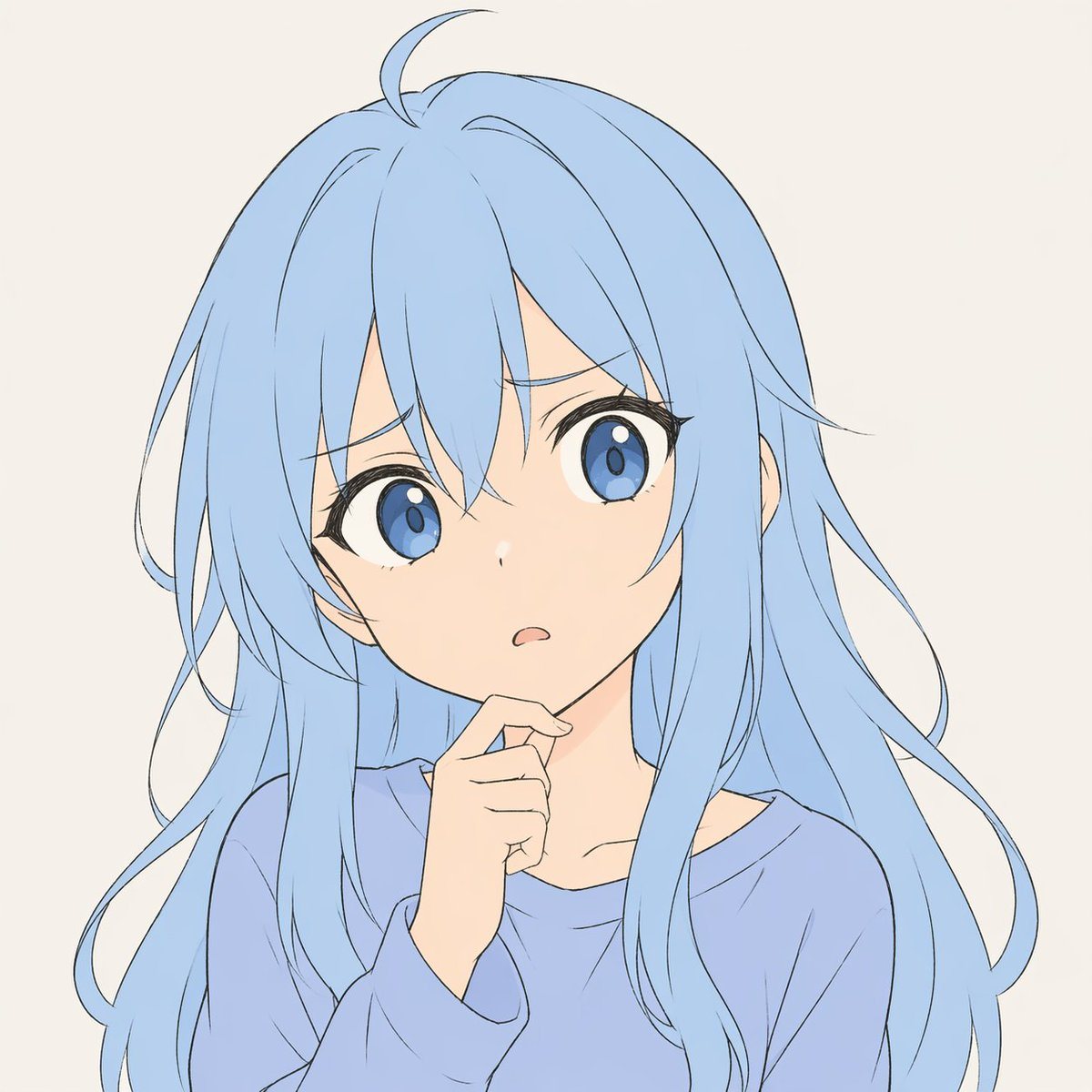 a digitally sketched color doodle of a perplexed an anime character with long hair and big blue eyes character, no text, no embellishments, flat pastel coloring