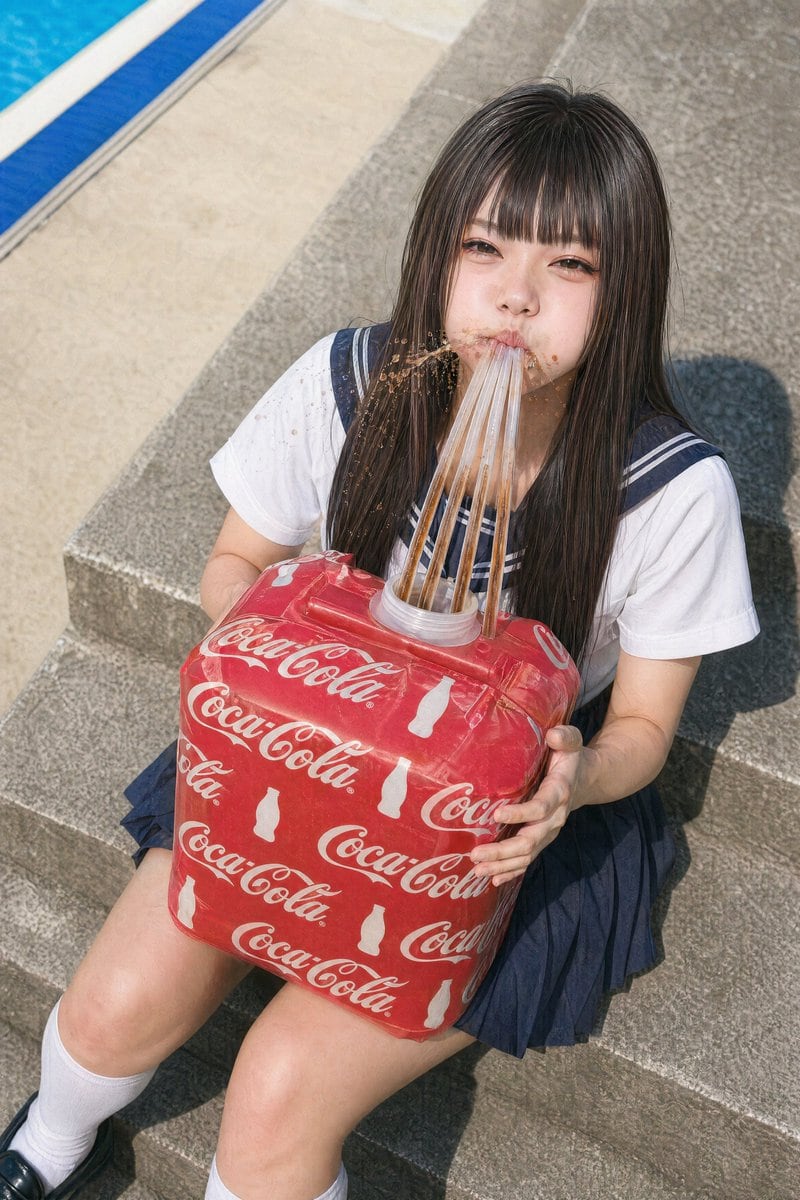 一张写实的竖版照片，描绘了一名身穿水手服的女学生坐在泳池边，手持一个超大号的品牌汽水杯，杯中插着多根吸管。该素材适用于超现实生活方式或广告风格的图像生成。