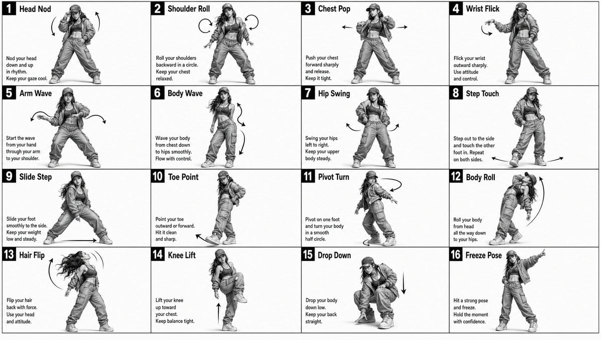 A technical prompt for creating a 4x4 grid movement sheet for a dancer, designed as a 3D-rendered character reference with motion indicators.