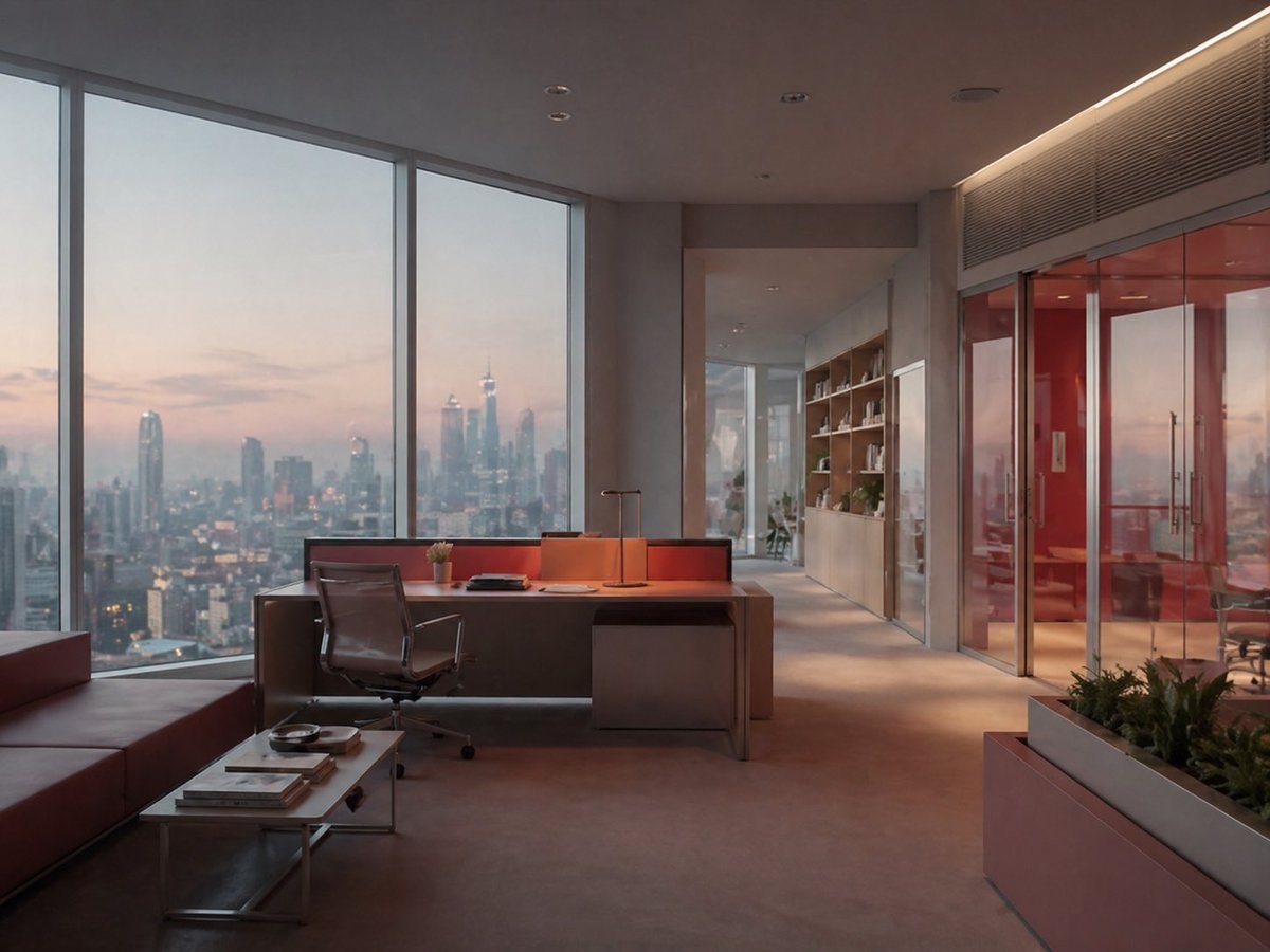 This prompt generates a photorealistic high-rise executive office interior with panoramic city views, ideal for architectural visualization, real estate marketing, or corporate mood imagery.