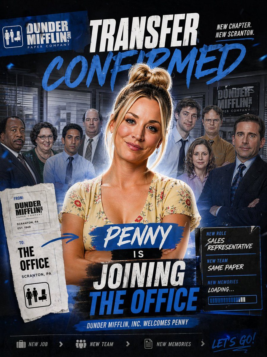 Design a dramatic square promotional poster in the style of a TV sitcom cast transfer announcement, with a dark navy and black office-themed background, gritty sports-poster energy, bold...