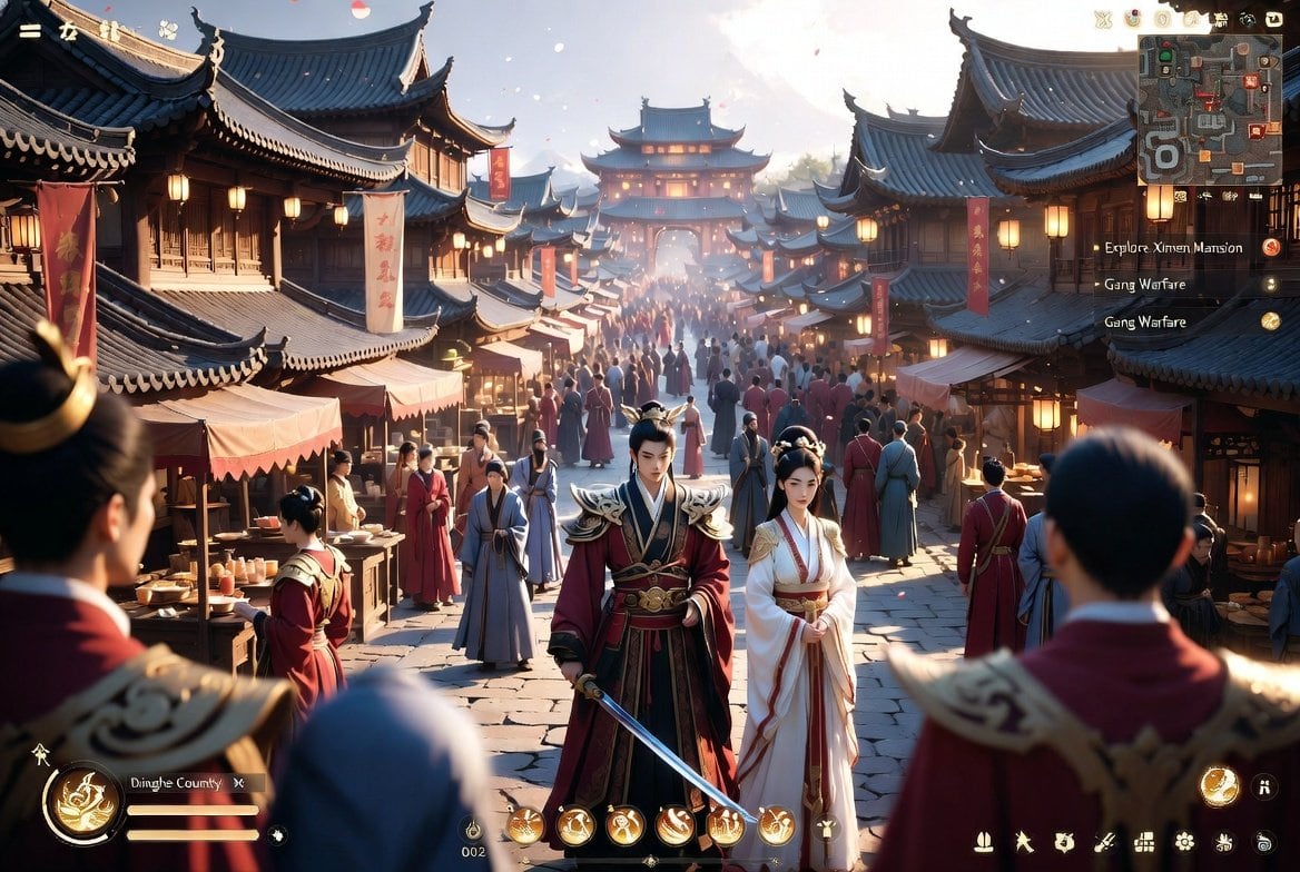 A cinematic third-person fantasy RPG gameplay screenshot set in an ancient Chinese market city at golden hour, viewed from slightly behind a small group of foreground characters and looki...