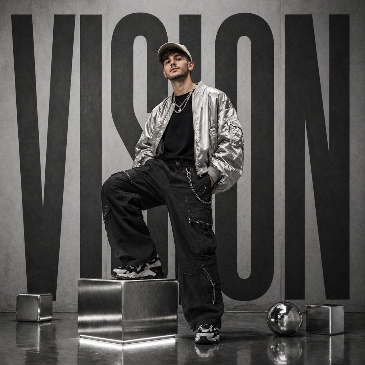 Create a premium futuristic streetwear campaign poster featuring a confident young male model in a modern studio setup. Full body pose, relaxed but powerful stance, one foot placed on a m...