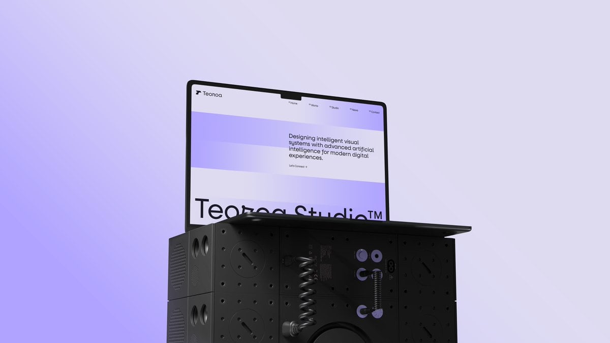 一款时尚的编辑风格 3D 渲染图,展示了放置在未来感模块化黑色底座上的现代设计工作室网站,非常适合科技品牌推广、作品集样机和 AI 设计展示。