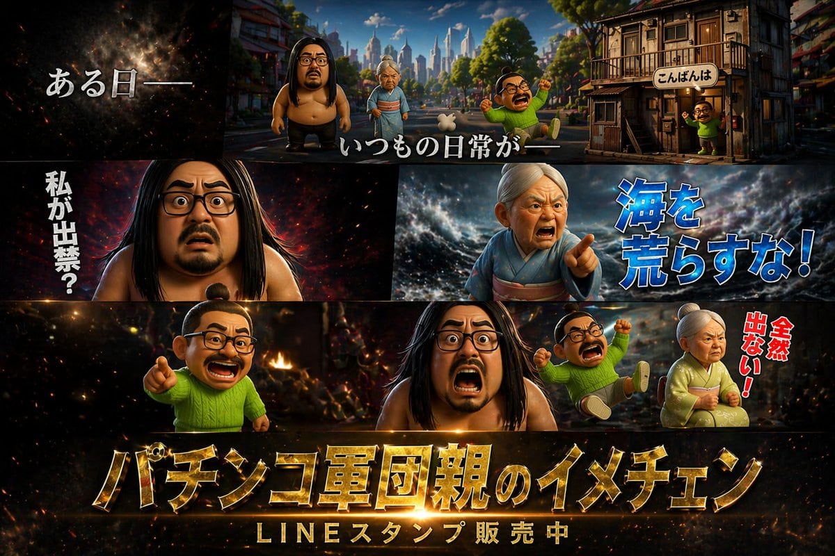 A multi-panel promotional poster featuring 3D caricature characters with dramatic backgrounds and customizable Japanese typography.