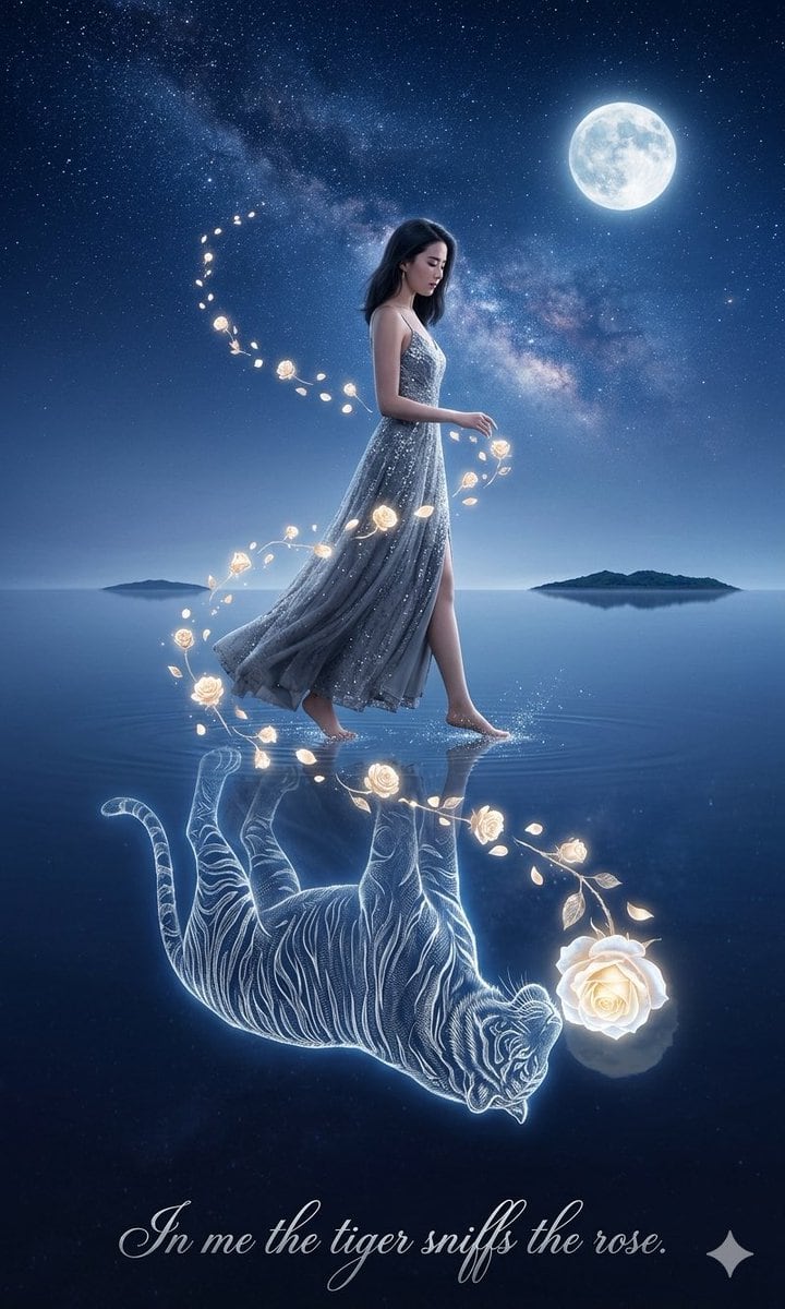 A dreamy, cinematic fantasy illustration in vertical poster format, showing Liu Yifei in side profile walking barefoot across a perfectly still midnight-blue lake under a luminous full mo...