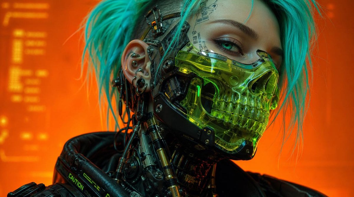 A hyper-detailed cyberpunk close-up portrait of a futuristic woman cyborg, framed from the shoulders up and turned in 3/4 profile, looking directly at the viewer with one visible intense...