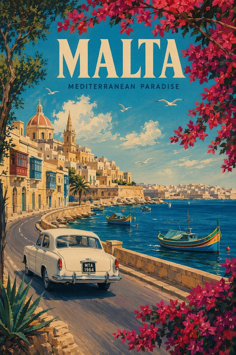 A vintage travel poster illustration for MALTA, with the subtitle MEDITERRANEAN PARADISE centered near the top. The composition is a sunlit Mediterranean coastal cityscape viewed from a c...