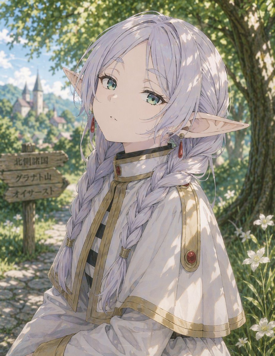 A high-quality anime illustration of an anime elf girl with silver twin braids and green eyes. She has pale skin, pointed elf ears adorned with red drop earrings, and a calm, neutral expr...