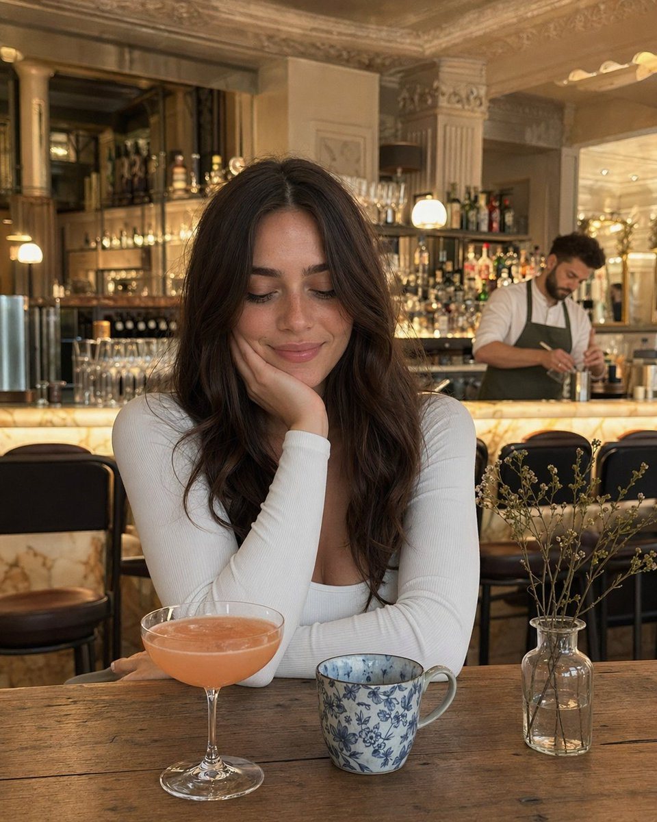 A candid, photorealistic vertical photo of a woman seated at a rustic wooden table in an elegant upscale bar-cafe interior. She is centered in the foreground, leaning forward with one elb...