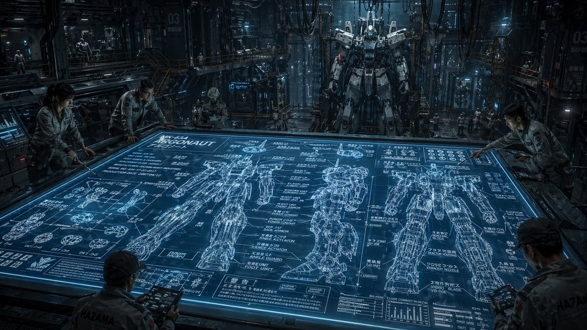 A cinematic ultra-detailed sci-fi mech hangar interior at night, shown in a wide-angle view from slightly above a massive horizontal holographic planning table. The glowing blue tabletop...