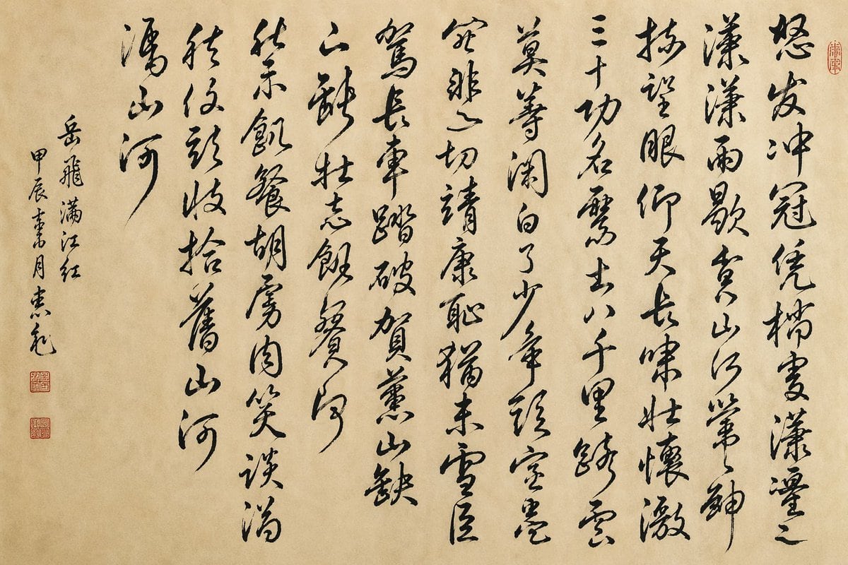 A traditional Chinese ink calligraphy artwork on aged beige xuan paper, presented as a clean flat scan or photograph of a single hanging scroll page with no frame. The composition is enti...