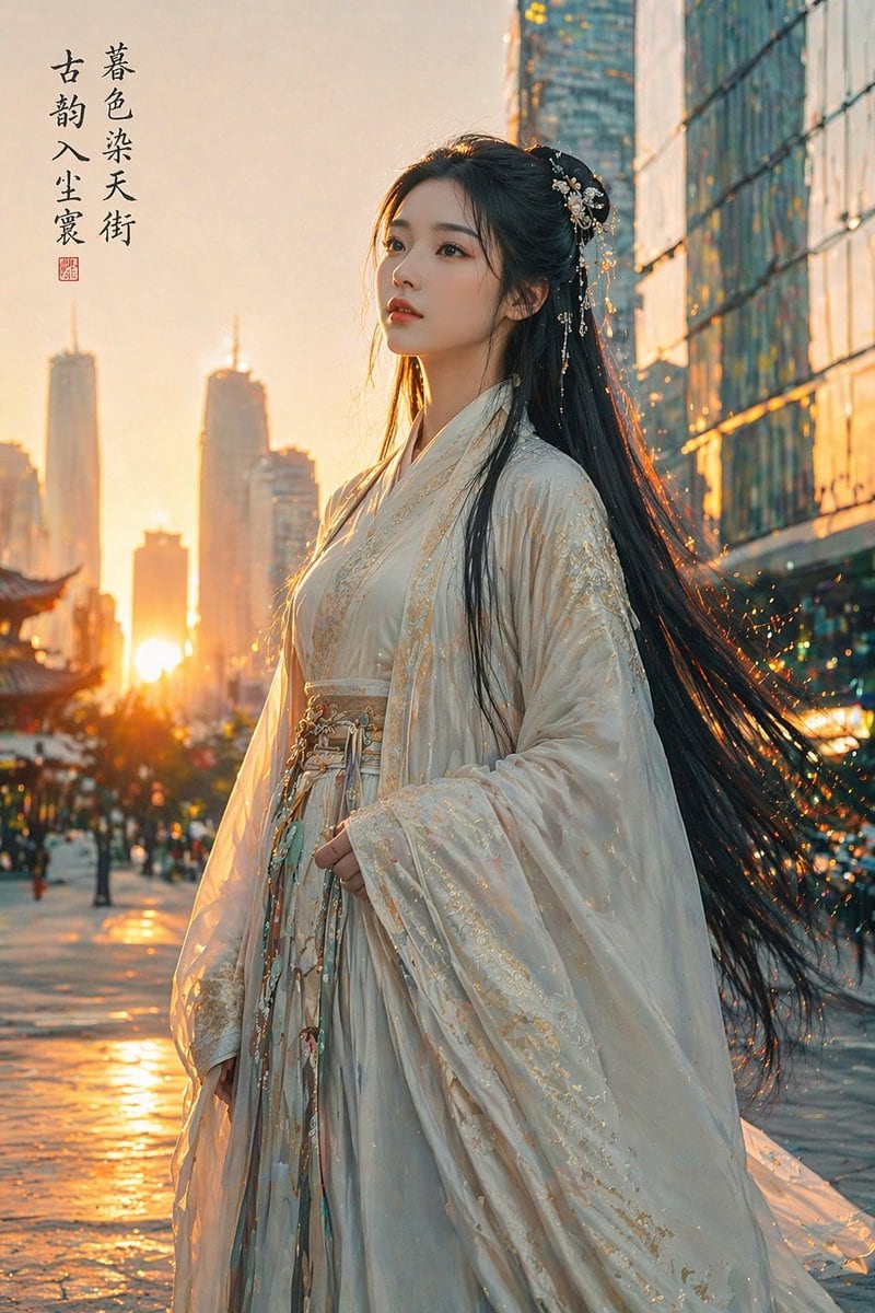 这是一段旨在生成高质量图像的提示词，描绘了现代城市天际线下古典中国美人的形象，强调丰富的质感与文化碰撞。