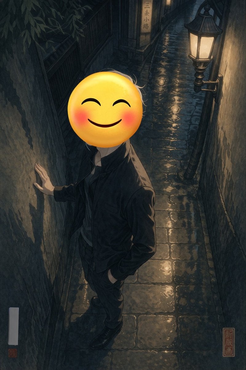A full-body portrait of a person standing in a narrow wet cobblestone alleyway at night. The person is wearing a dark jacket and dark trousers, with one hand resting against the rough, te...