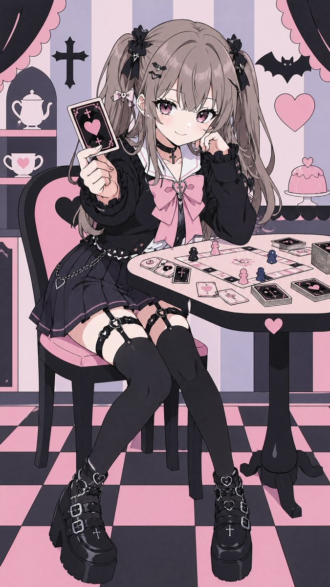 A full-body anime illustration of a cute gothic lolita girl seated at a small round table in a pastel goth tea-room, facing the viewer with a confident mischievous smile. She has ash taup...