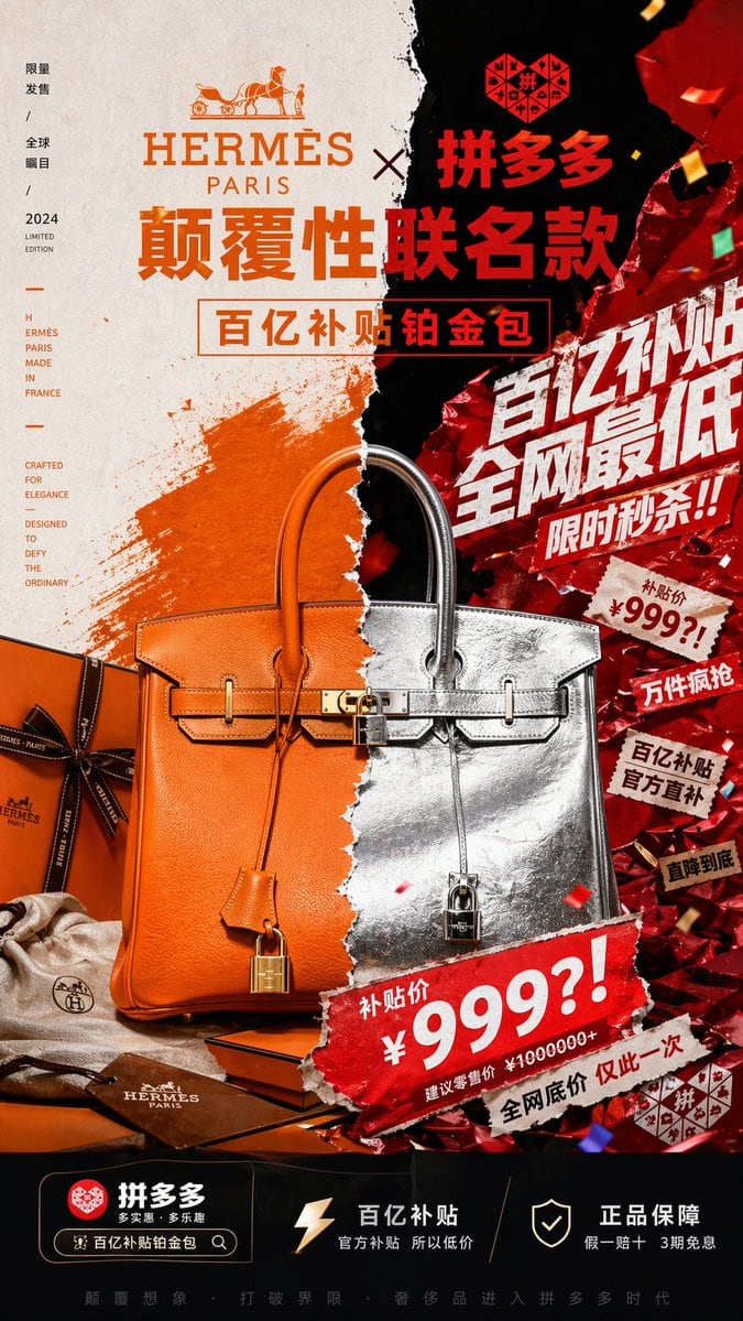 此提示词旨在生成一张极具视觉冲击力的竖版营销海报，将奢华时尚品牌与混乱的折扣平台促销风格进行碰撞，打造极具挑衅意味的联名产品广告。
