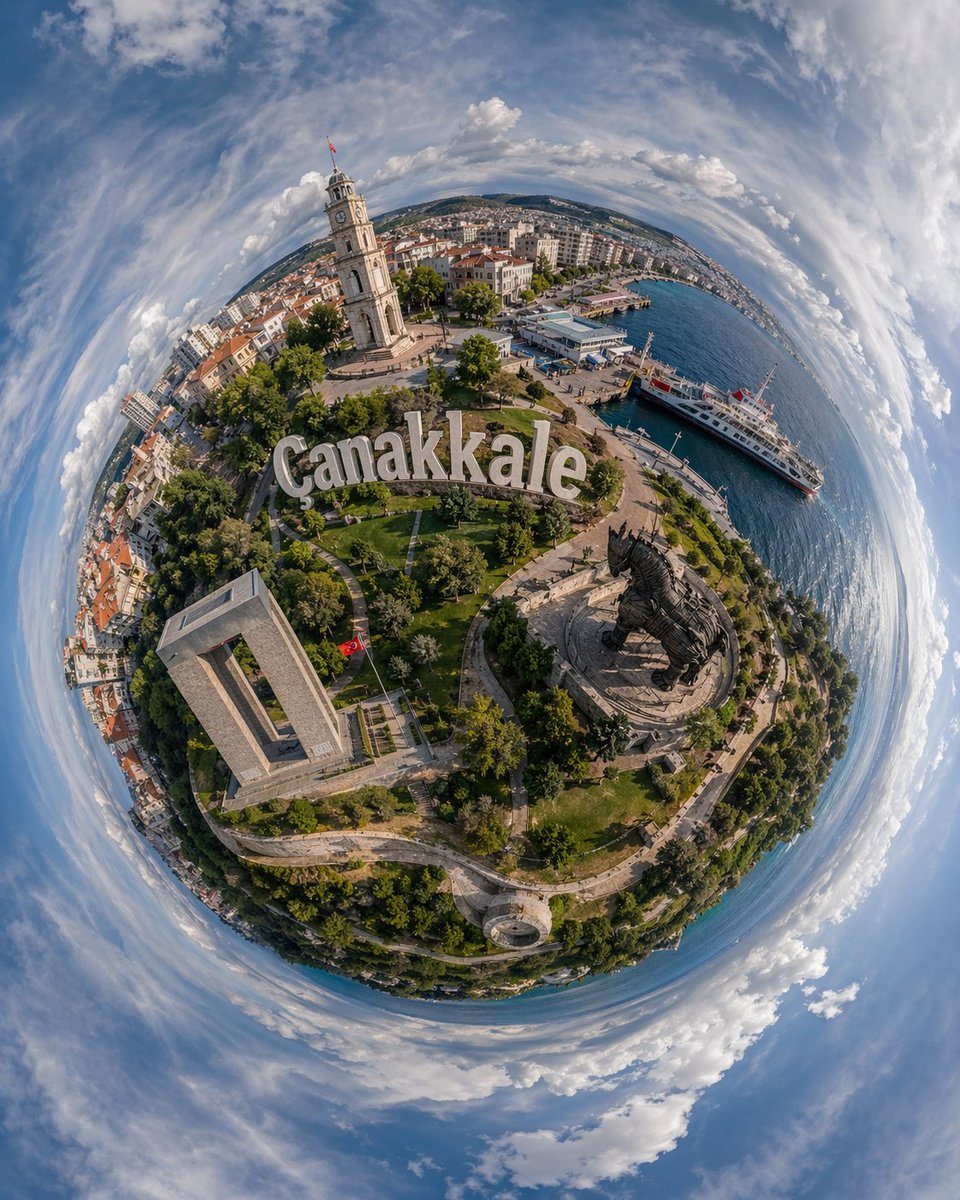 A dramatic ultra-wide aerial tiny-planet photograph of Canakkale, Turkey, rendered as a full 360-degree stereographic projection so the city and waterfront form a compact spherical world...