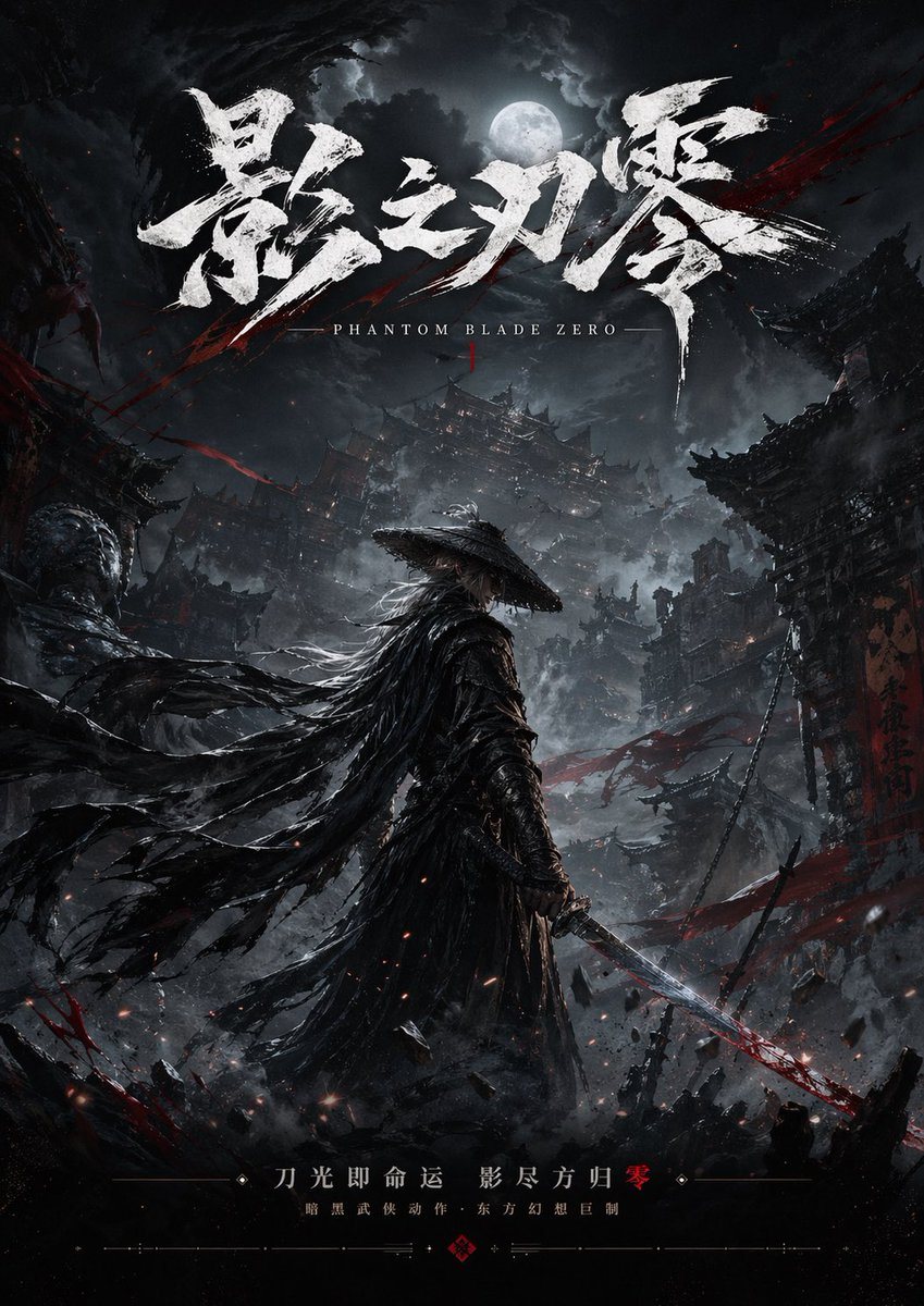 A dramatic vertical cinematic poster for the dark wuxia action game Phantom Blade Zero, painted in an ultra-detailed gritty concept-art style with realistic textures, moody volumetric fog...