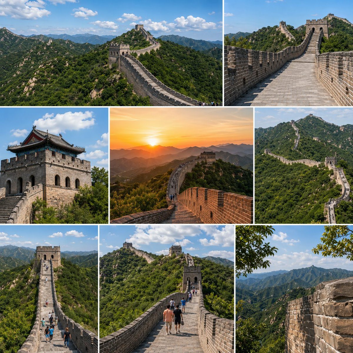 一张正方形的多图拼图，从风景、建筑和日落等视角展示中国长城，非常适合旅行帖文或目的地宣传。