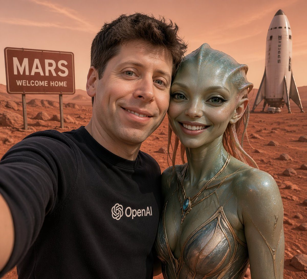 A photorealistic selfie on the surface of Mars, framed at arm’s length in a casual slightly wide-angle smartphone perspective. In the foreground are 2 subjects standing close together fro...