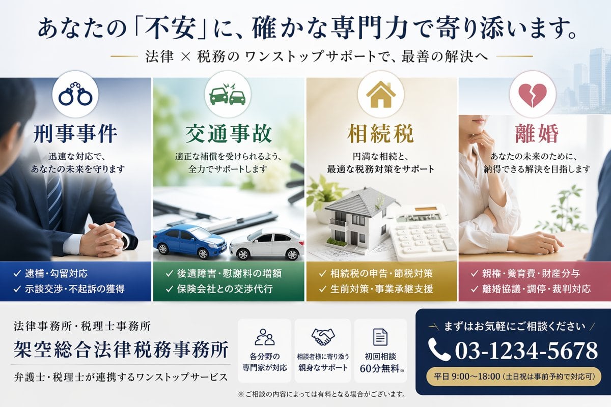 一个为虚构法律与税务事务所设计的优质日本落地页首屏横幅,用于宣传四个服务领域,通过强有力的视觉效果建立信任,并包含咨询行动号召(CTA)。