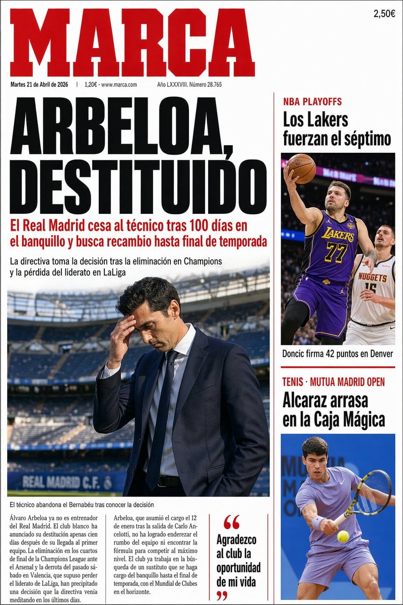A realistic Spanish sports newspaper front page in the style of a major daily broadsheet, clean white background with strong red and black typography, editorial print layout, high-resolut...