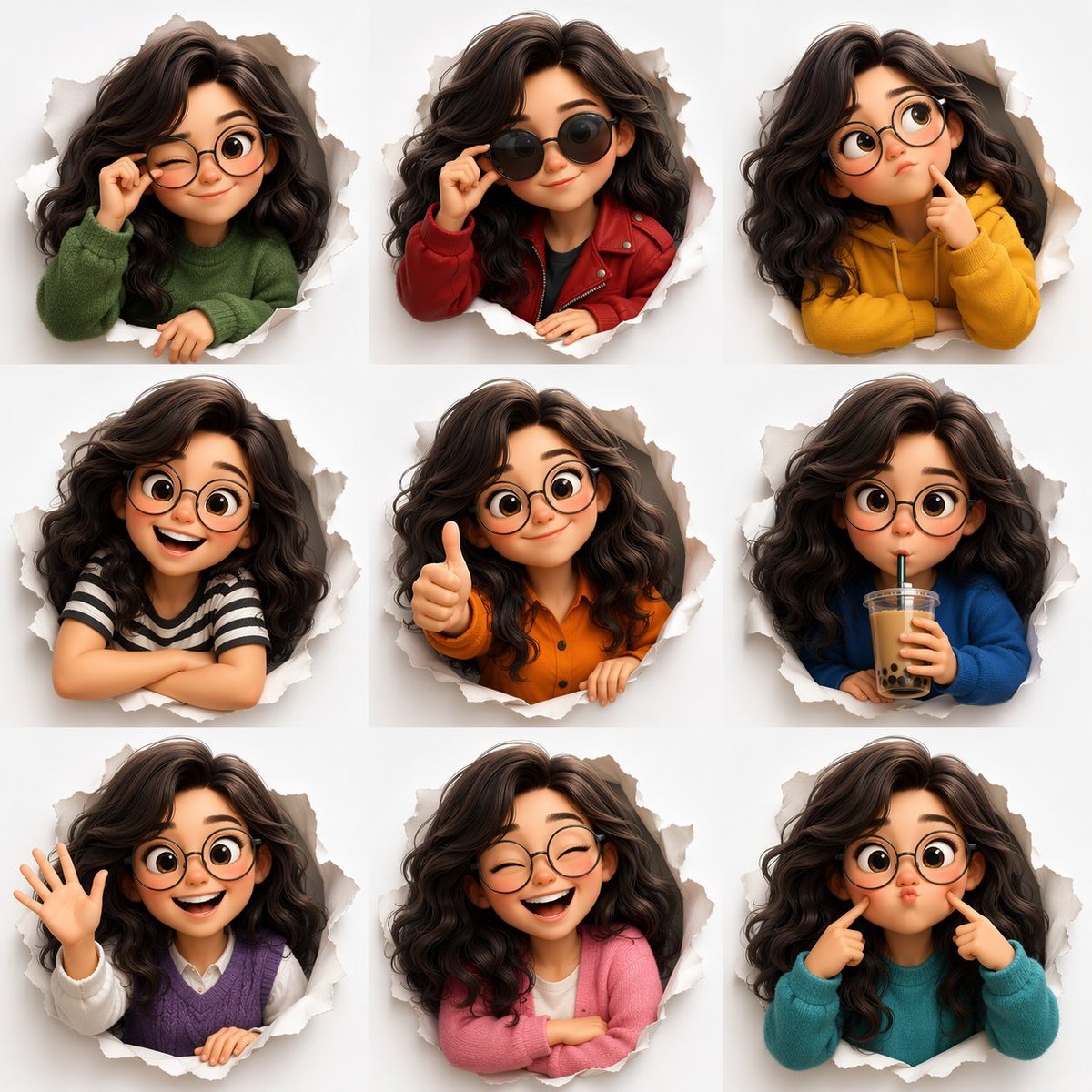 Generates a 9-panel grid of a 3D animated character showing various expressions and outfits while peeking through torn paper.