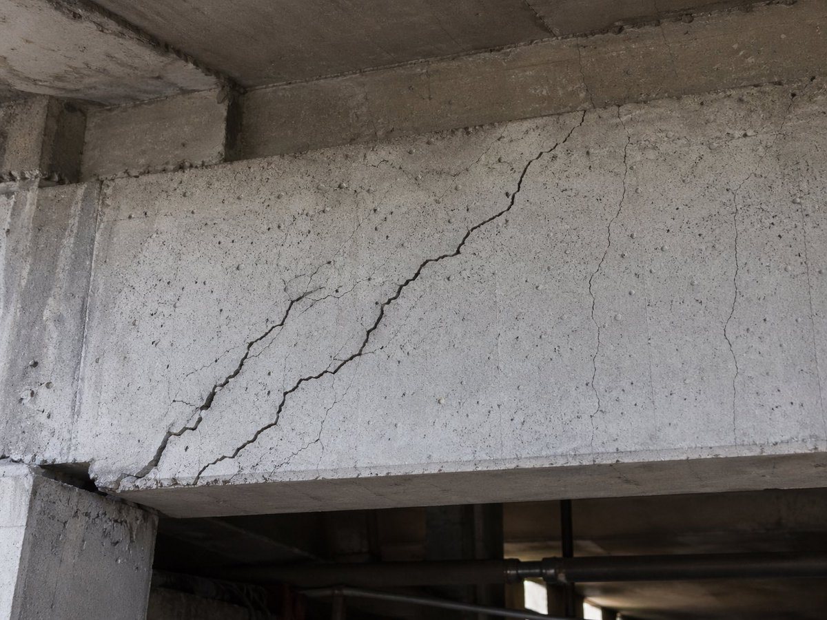 A highly realistic documentary-style close-up photo of a reinforced concrete structural beam with severe shear cracking. The scene shows the underside of a concrete building structure, wi...