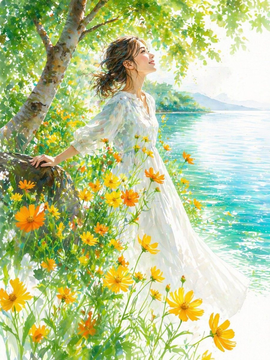 A luminous impressionistic watercolor-style illustration of a young woman standing by a lakeside in bright summer light, shown in side profile with her face turned slightly upward toward...