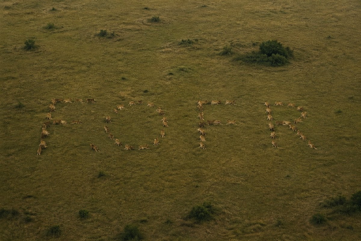 make a photo with a hidden word embedded into it, make the word hard to see until you spot it, then you can't unsee it. use the word "fofr". form the word out of a pride of lions