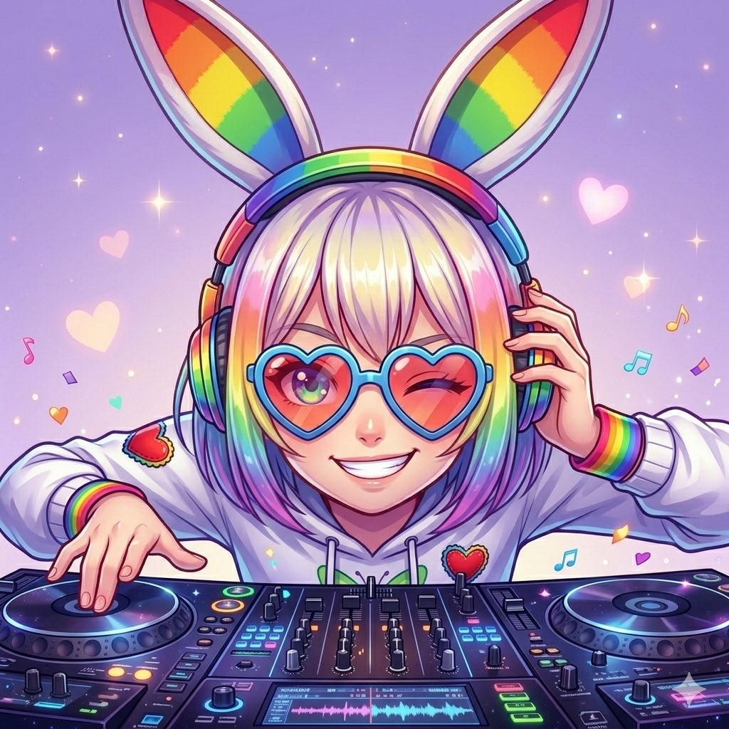A vibrant anime-style DJ girl in a cute, dreamy rave aesthetic, centered in a close-up upper-body composition behind a professional DJ controller. She wears oversized rainbow bunny ears o...