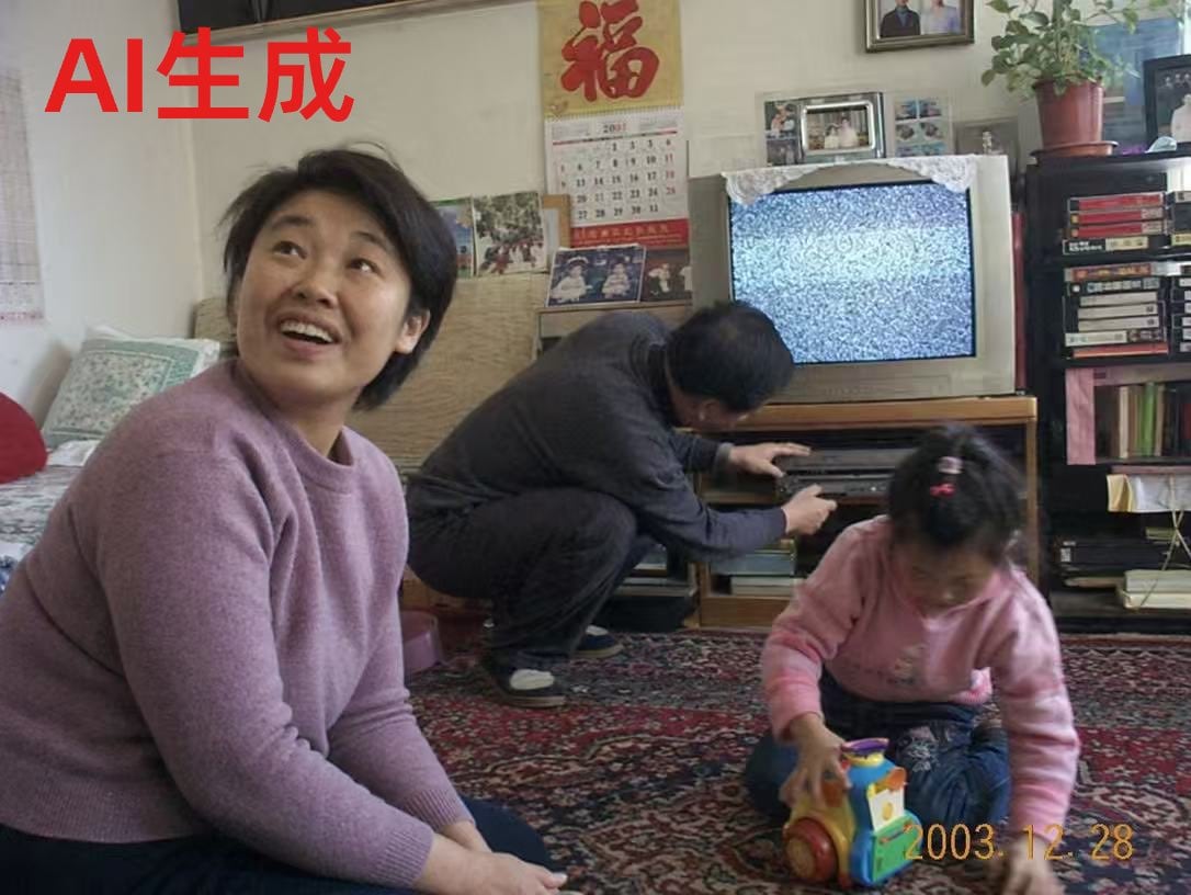 A candid indoor family snapshot styled like an early-2000s home photo from mainland China, shot on a consumer digital camera with slightly soft focus, muted colors, mild noise, and an on-...