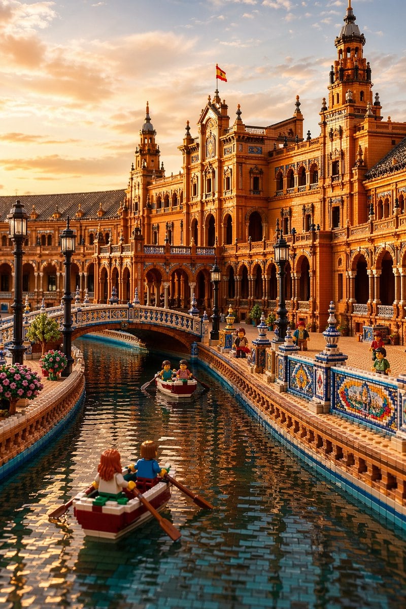 A highly detailed photorealistic LEGO interpretation of Plaza de España, Seville, shown as a grand golden-hour architectural scene from canal level. The image is vertical and cinematic, w...