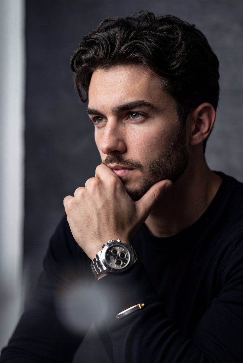 A hyper-realistic, cinematic medium close-up portrait of the uploaded person. The subject is positioned with their torso angled slightly forward, but their head is turned to the side, loo...