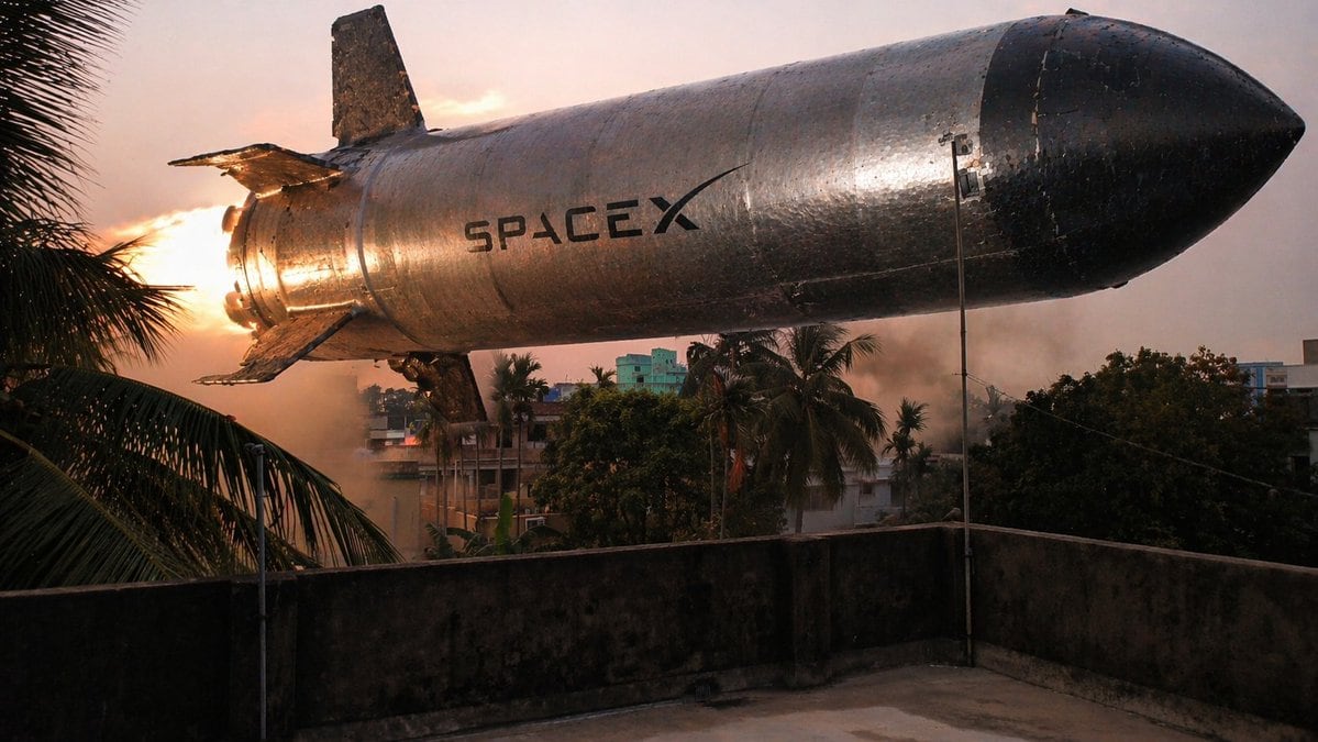 A photorealistic scene of a massive metallic rocket hovering horizontally at a very low altitude over a residential neighborhood with palm trees. The side of the silver spacecraft clearly...
