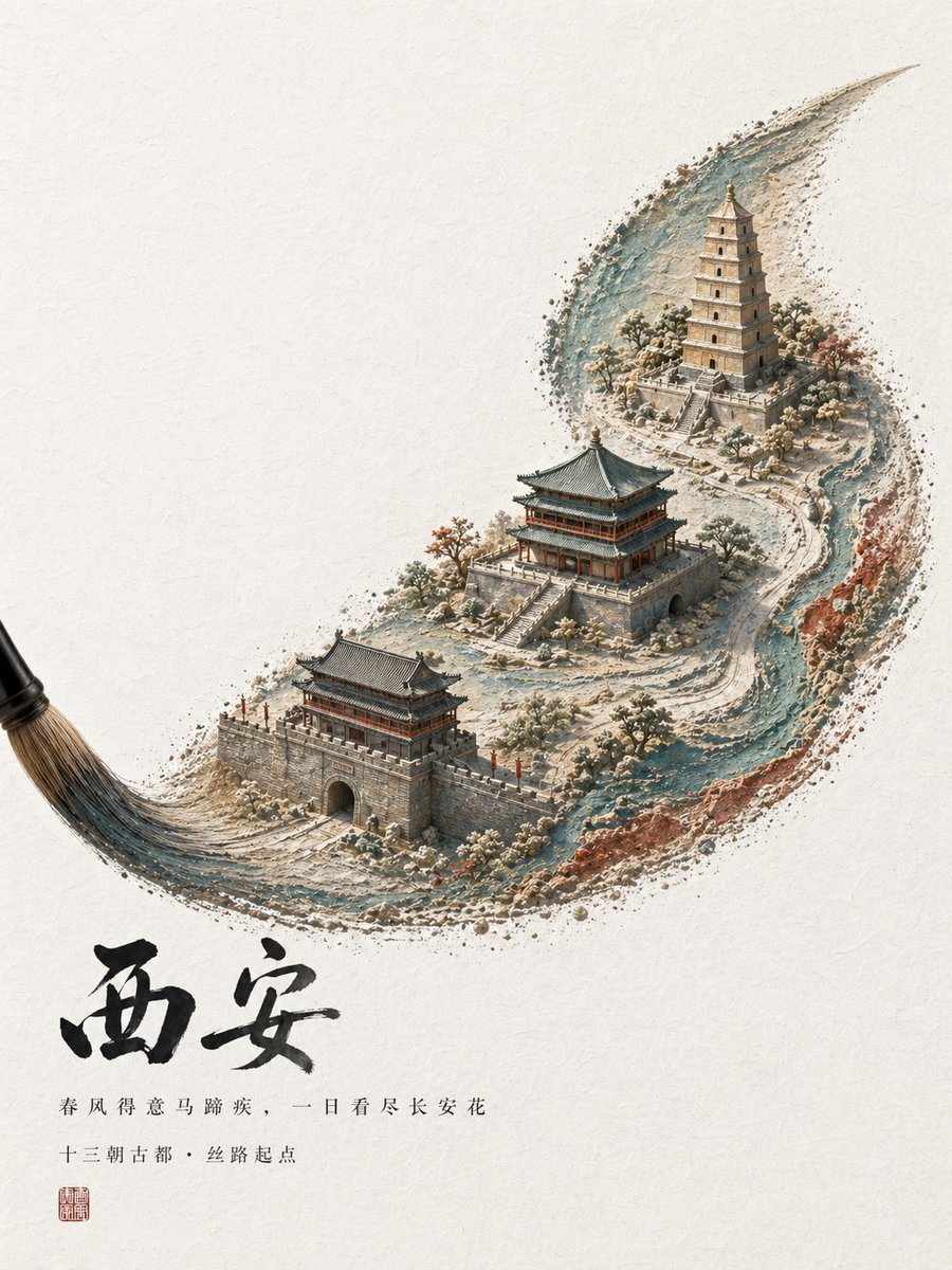 A refined Chinese cultural tourism poster on textured off-white rice paper with a large amount of negative space, featuring an elegant ink-and-watercolor brushstroke composition that curv...