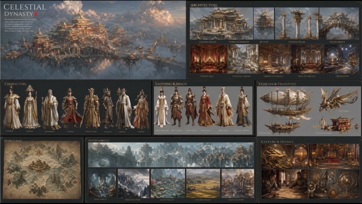 Using REFERENCE_0 as the visual foundation, expand the single sky-palace scene into a complete cinematic world-building presentation for a fantasy civilization. Preserve the same East Asi...