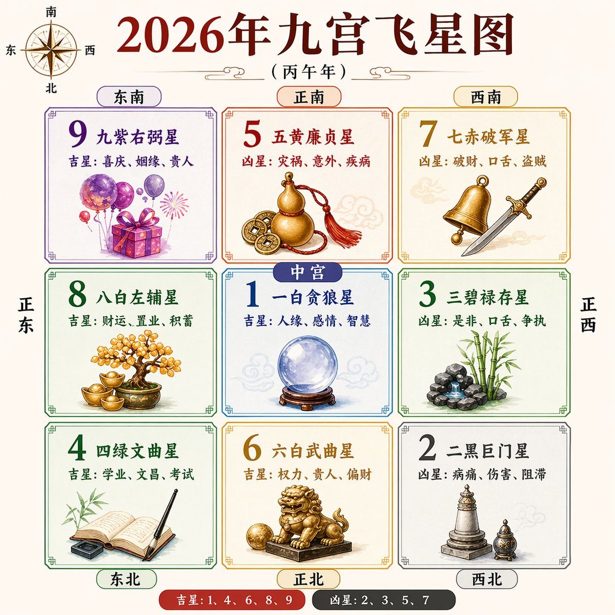 Create a clean, symmetrical Chinese feng shui infographic poster in a traditional almanac style on a warm light beige background. The main title at the top is large dark red Chinese calli...