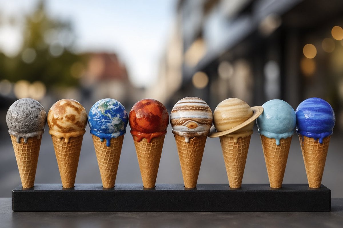 A whimsical, photorealistic product-style food photograph of 8 ice cream cones lined up in a straight row on a matte black rectangular stand, each scoop designed to look like a different...