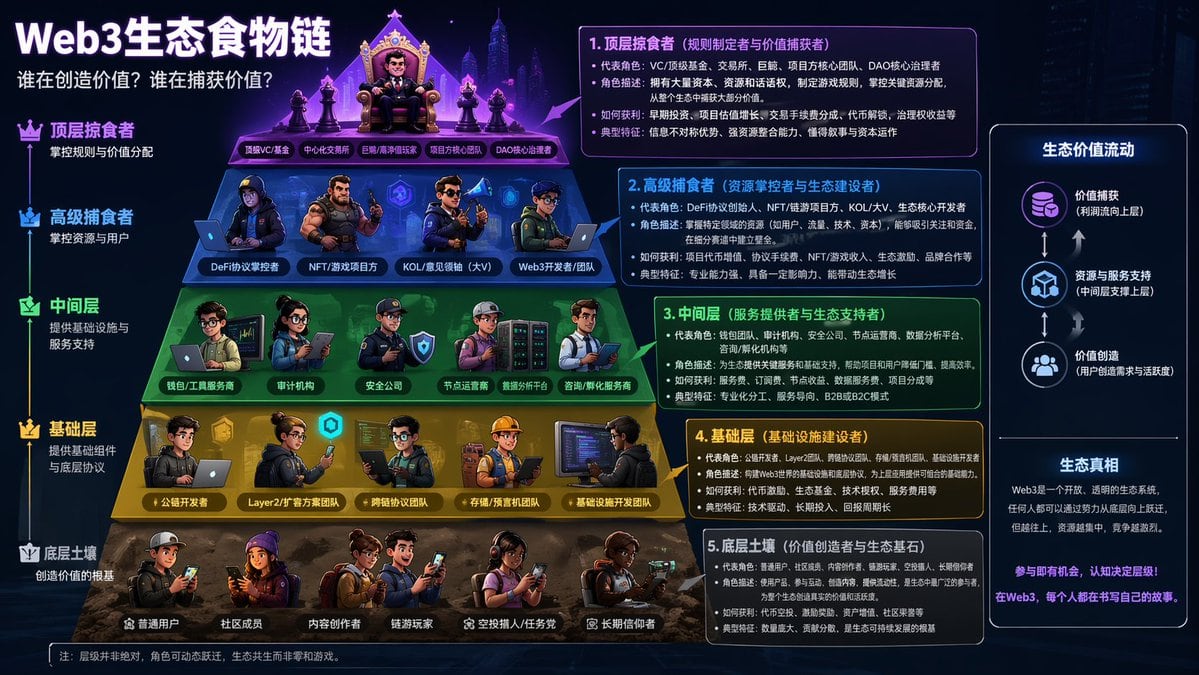 一个创意提示词，将 Web3 市场中不同层级的角色映射为生态食物链。
